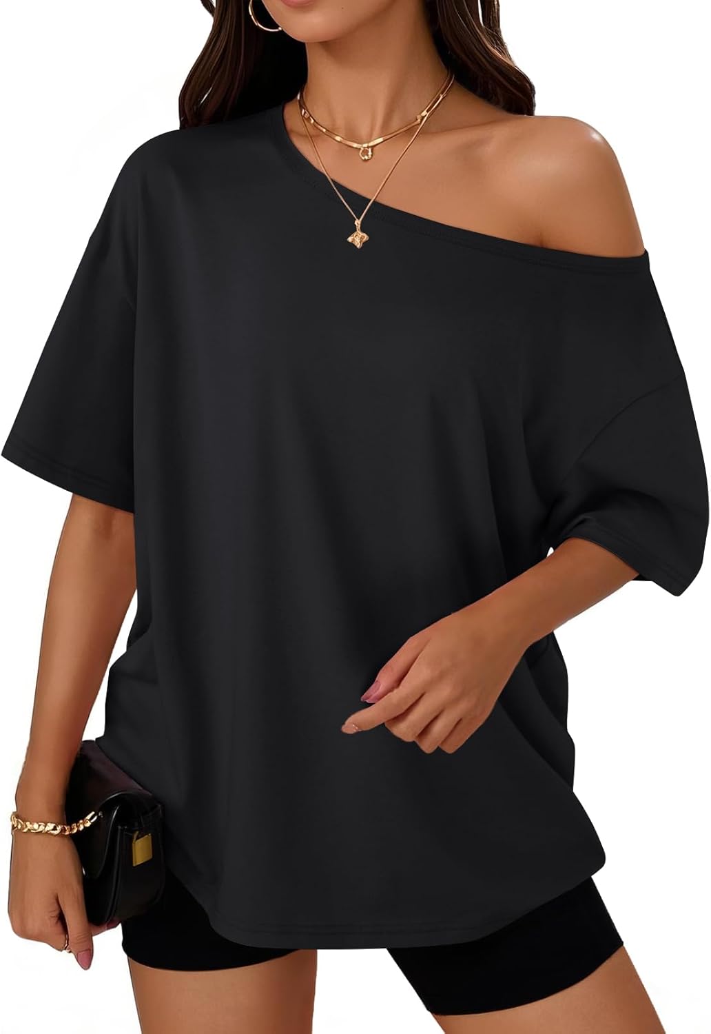 Trendy Queen Womens Off The Shoulder Tops Oversized T-Shirts Short Sleeve Tees Summer 2025 Casual Spring Fashion Clothes